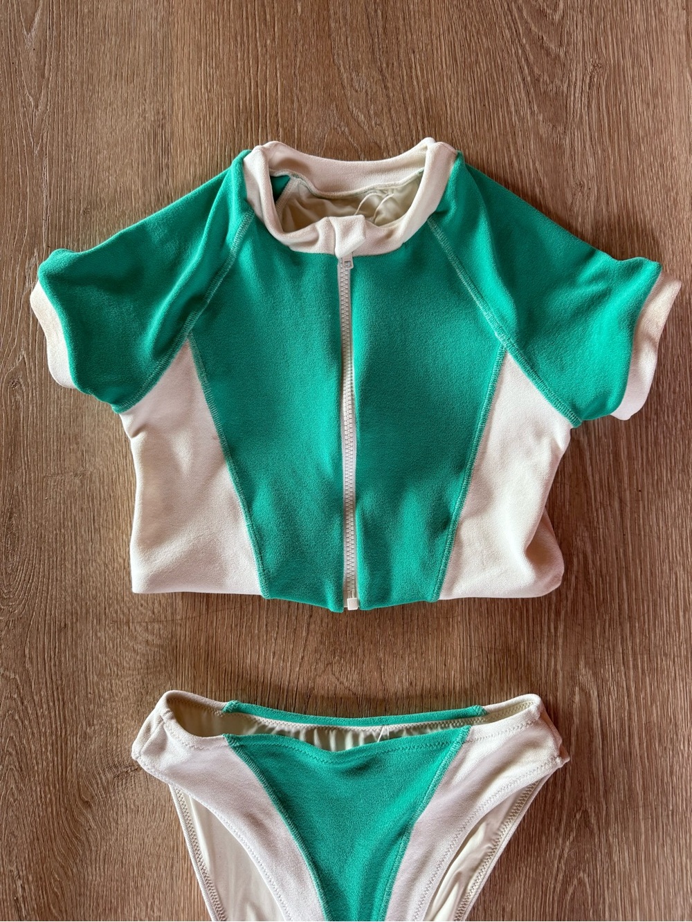 Women’s Green and Cream Two-Piece Swim Set - Short Sleeve Zip Top